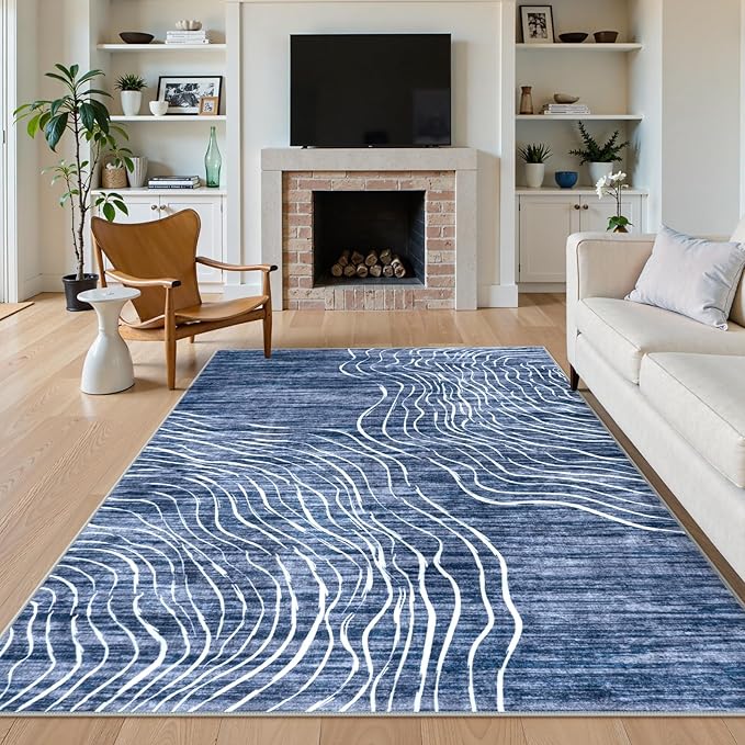 LIVEBOX Modern Abstract 5x7 Area Rugs for Living Room, Navy Blue Washable Rugs for Bedroom, Non-Slip Minimalist Neutral Wave Striped Rugs for Playroom Nursery Boys, Throw Rug Carpet for Dining Room
