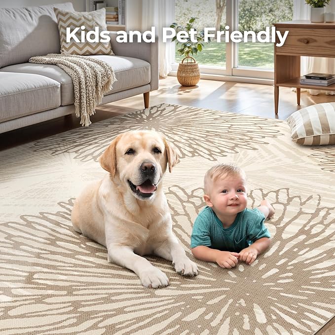 WITSHOCK 5x7 Area Rugs for Living Room: Beige Floral Washable Rugs for Bedroom Dining Room Office Nursery Modern Non-Slip Stain Resistant Low Pile Home Decor（Beige/Brown,5'x7'）