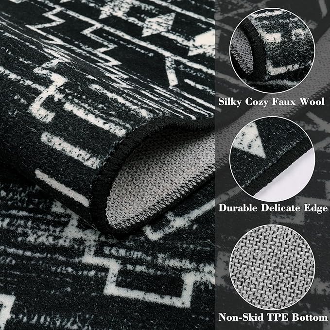 Wonnitar Moroccan 6x9 Area Rugs, Washable Black Rugs for Living Room, Large Soft Bedroom Throw Rug, Non-Slip Stain Resistant Thin Boho Floor Carpet for Dining Room Home Office Decor (Black,6'x9')