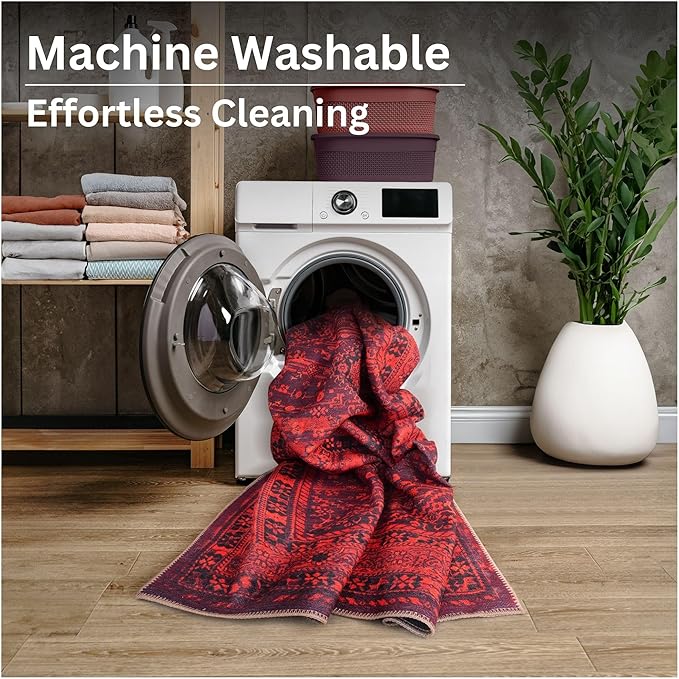 Bloom Rugs Washable Non-Slip 10x14 Rug - Red Traditional Bordered Area Rug for Living Room, Bedroom, Dining Room, and Kitchen - Exact Size: 10' x 14'