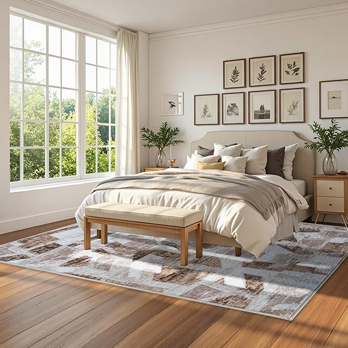 Brown 6X9 Area Rugs for Living Room Bedroom,Modern Abstract Large Carpet Washable Rugs 6X9 for Dining Room Office,Non Slip Print Faux Wool Thin 6 by 9 Indoor Nursery Kids Home Pet & Child Friendly