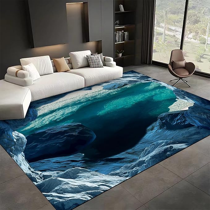 Blue Cave 3D Rugs for Bedroom, 5x8ft, Illusion Natural Landscape Blue Water Pool Entryway Rug, Rubber Backed Non Skid Low Pile Carpet，Foldable Soft No Crease Mats for Sofa Indoor