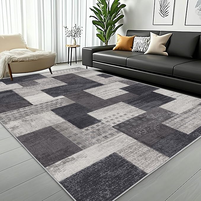 Modern Geometric Patchwork Indoor Area Rug for Living Room, Charcoal 5'x 7' Large Rug Rockwood Collection Hardwood Floors Decor for Bedroom, Grey Throw Carpet for Office Entryway Dining Room