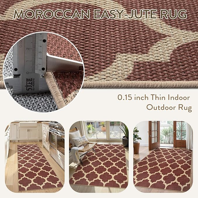 Lahome Moroccan Easy Jute Runner Rug, Red Washable Runner Rugs for Outdoor Porch Hallway, Geometric Trellis Woven Long Carpet for Doorway, Thin Non Slip Outdoor Decor, 2'6'' x 8'