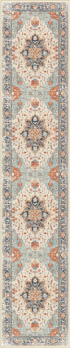 Area Rugs 2'6''x12' Washable Non-Slip, Floral Vintage Distress Print Pattern Medallion Carpet for Living Room Bedroom Dining Room, Beige Navy Blue Orange Colorful