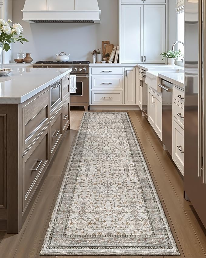 LUMI Washable Kitchen Rug, 23x59 Non-Slip Indoor Hallway Runner, Soft Low Pile Vintage Distressed Area Rugs for Laundry, Bedroom, Celadon