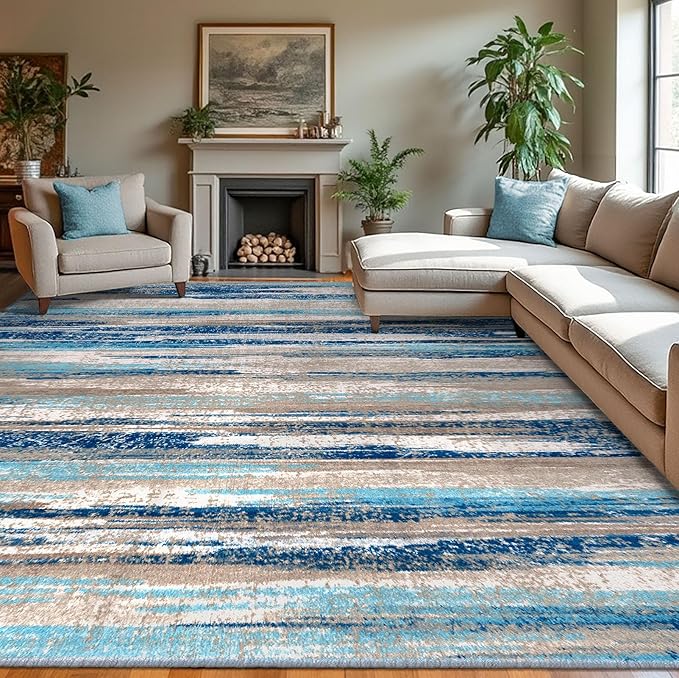 Modern Abstract 9x12 Large Machine Washable Living Room Rug Non-Slip Soft Bedroom Area Rug Blue Ultra Thin Print Faux Wool Carpet Throw Rugs for Nursery Playroom Dining Room Indoor Office