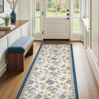 jinchan Elora 3x10 Floral Runner Rug for Hallway Washable Runner Vintage Romance Design Non Slip Thin Indoor Floor Cover Low-Profile Throw Carpet for Entryway Bathroom Bedroom Porch, Blue/Beige