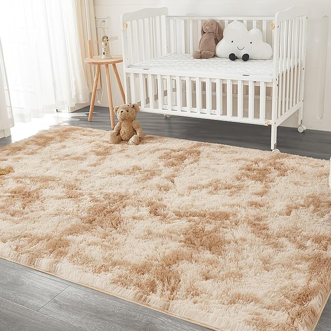 Andency 6x9 Area Rugs, Large Shag Fluffy Soft Shaggy Rugs for Living Room Bedroom, Non-Slip Tie-Dyed Beige Thick Plush Carpet for Kids Girls and Boys, Dorm Nursery Home Decor Aesthetic