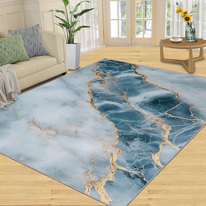 6x9 Abstract Marble Living Room Rug - Blue-White-Marble Bedroom Carpet, Luxury Stone Pattern Classroom Rug for Carpet Boy Bedroom Office Nursery Hardwood Home Decor