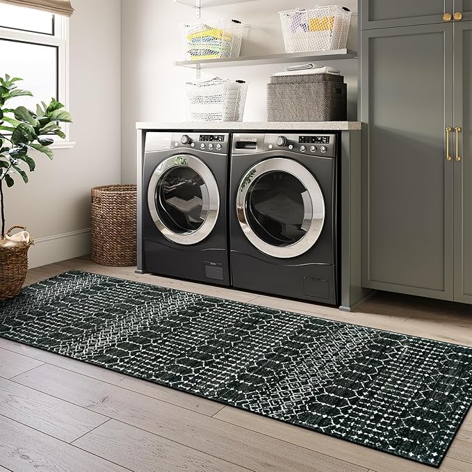 Lahome Moroccan Black Long Runner Washable Hallway Rug, Ultra-Thin Non Slip Kitchen Runner, Soft Modern Print Indoor Floor Carpet for Entryway Stair (Black, 2'5''x12'')
