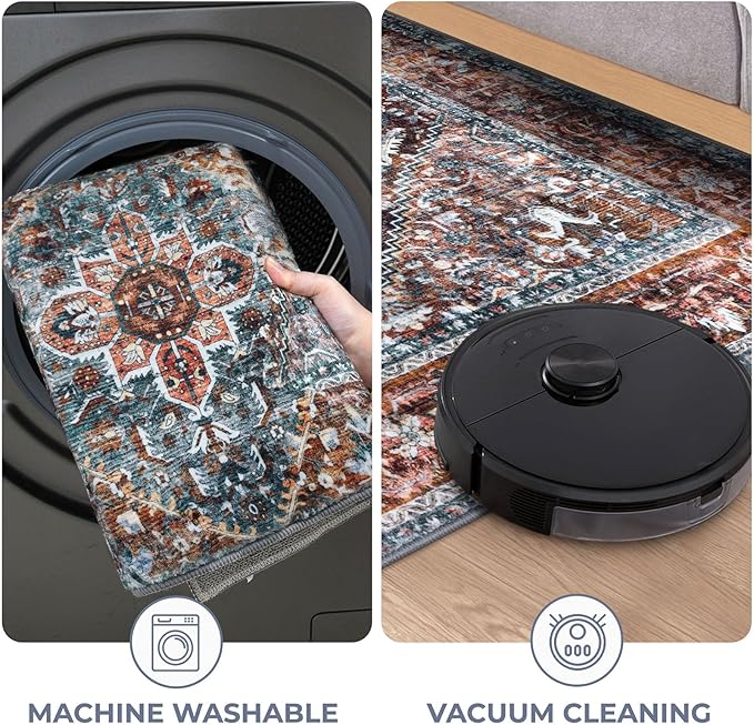 KOZYFLY Runners for Hallways 2x12 Ft Washable Kitchen Runner Rug Boho Long Runner for Entryway Indoor Printed Faux Wool Carpet for Bedroom Kitchen Hall, Brick Red/Orange/Green