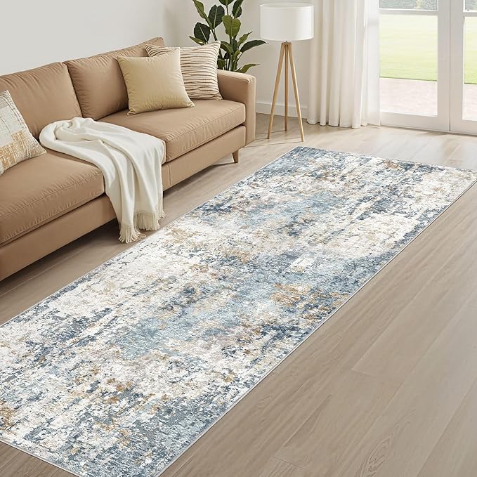 Runner Rug Non Slip Rugs: 3x8 Hallway Kitchen Washable Abstract Soft Modern Stain Resistant Indoor Floor Neutral Accent Throw Carpet for Bathroom Laundry Room Entryway Bedroom- Blue