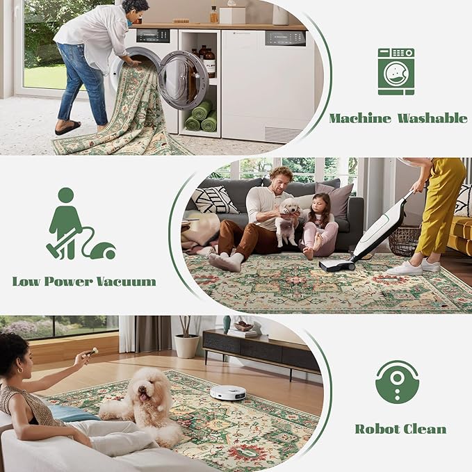 Area Rug 5x7 Washable Rug, Vintage Boho Medallion Rugs Non-Slip Soft Low Pile Large Distressed Rug Indoor Retro Carpet for Living Room Bedroom Dining Room Home Office (Green Beige, 5'x7')