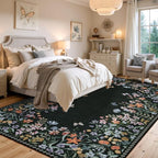 Wonnitar Washable 5x7 Rug, Black Botanical Area Rugs for Living Room, Non-Slip Soft Rug for Bedroom, Vintage Low Pile Dining Room Floral Rug Carpet for Bedside Mud Room (Black,5'x7')