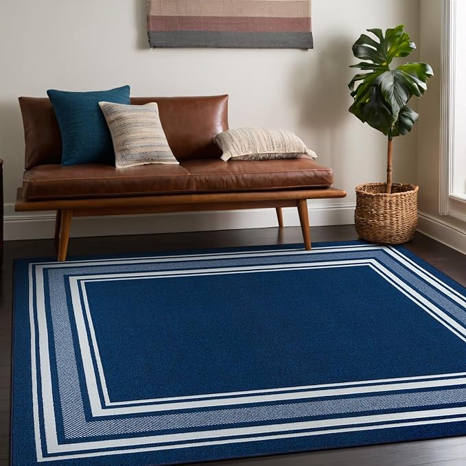 Beverly Rug Non Slip Area Rugs 3x3 Modern Bordered Non Skid Rubber Backing Soft Area Rug for Living Dining Room Easy to Clean Non Shedding Kitchen Bedroom Indoor Carpet 3 x 3 Navy