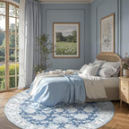 jinchan Fiora Round Rug 7ft Area Rug - Dark Blue Vintage Floor Mat Indoor Ultra-Thin Soft Floral Print - Washable Circle 7' Retro Accent for Farmhouse Non Slip Dining Room Living Room Bedroom Office