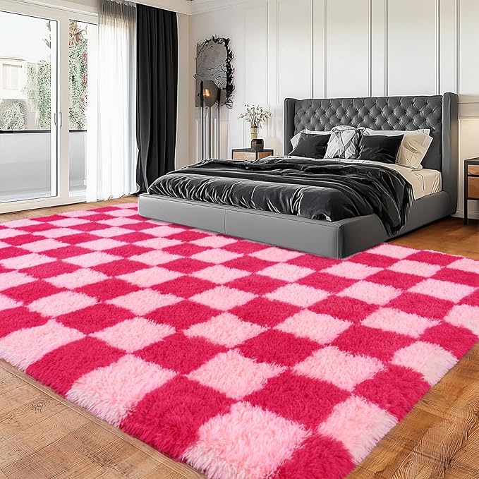 Area Rugs for Living Room, Soft Shaggy Carpets for Living Room, Fuzzy Rugs for Kids' Room, Perfect Decor for Modern Home Hot Pink Grid 8x10 Feet