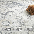 jinchan Kelda Round Rug 4ft Washable Area Rug Indoor Vintage Floor Cover Distressed Circle Mat 4' Round Lightweight Non Slip Low Pile Thin Carpet for Entryway Kitchen Living Room Bedroom Grey