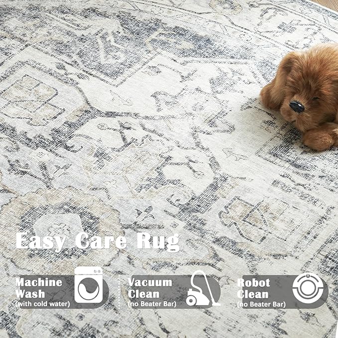 jinchan Kelda Round Rug 7ft Washable Area Rug Indoor Vintage Bedroom Floor Cover Distressed Circle Mat 7' Round Lightweight Non Slip Low Pile Thin Farmhouse Carpet for Living Room Dining Room Grey