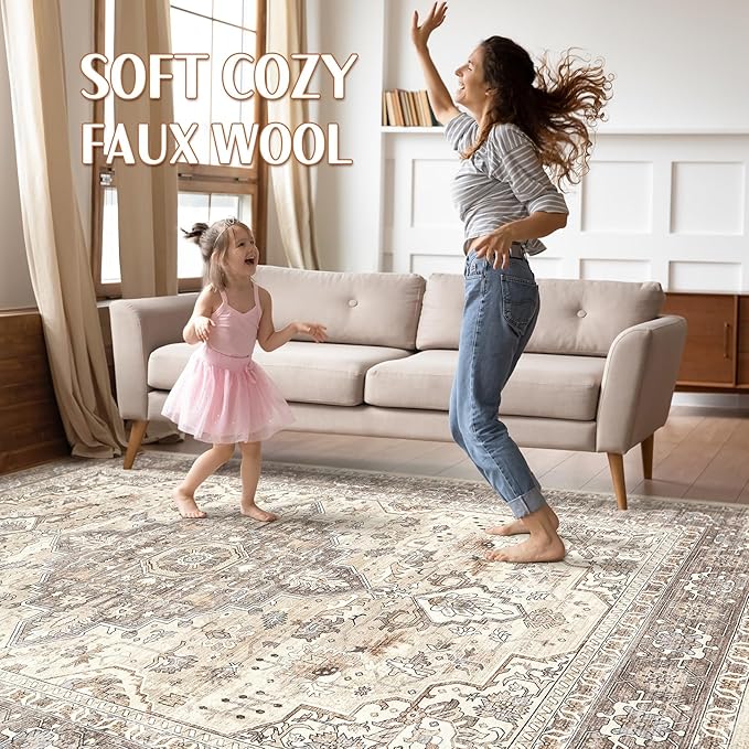 12x18 Rug Living Room: Washable Boho Large Neutral Vintage Soft Rugs Stain Resistant Farmhouse Non-Slip Indoor Floor Carpet for Bedroom Nursery Kids Playroom Office Dining Room- Beige Brown