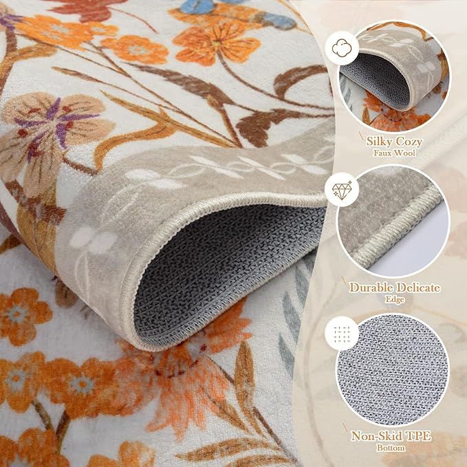 Wonnitar Fall Washable 8x10 Rug for Living Room, Soft Halloween Rug Floral Area Rug for Bedroom, Non Slip Dining Room Botanical Floor Carpet for Kids Nursery Playroom Guest Room (Orange,8'x10')