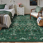 Green Boho Living Room 5x7 Area Rug, Floral Washable Vintage Distressed Rug for Dining Room Under Table, Bedroom, Nursery, Home Office - Low Pile Non Slip Art Deco Carpet, Farmhouse Accent Mat