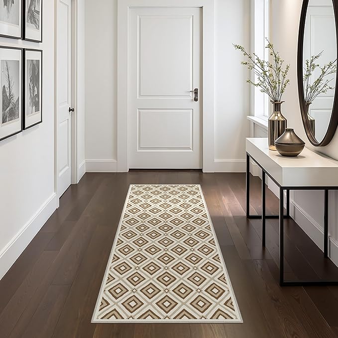 Bavni Hallway Runner Rug Machine Washable, 2x10 Non Slip Lightweight Washable Runners, Moroccan Checkered Rug for Entryway Laundry Kitchen Bathroom Corridor Bedside, Yellow Brown