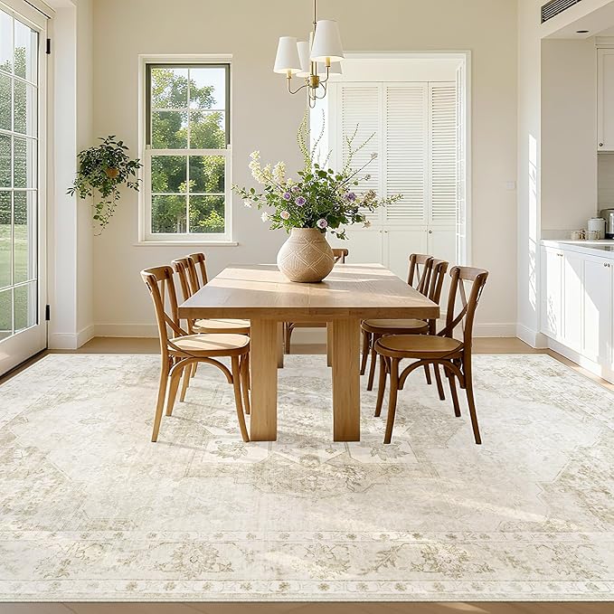 9x12 Area Rugs Washable Rugs for Living Room, Large Vintage Boho Rug Non-Slip Soft Floral Distressed Rug Low Pile Stain Resistant Carpet for Bedroom Nursery Office Dining Room Farmhouse(Beige, 9'x12')