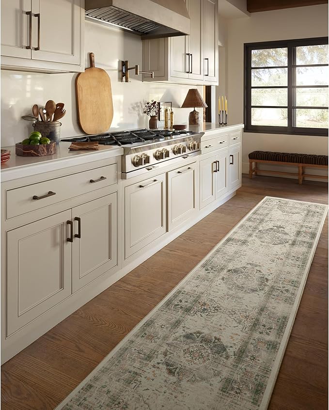RUGGABLE Washable Vintage Runner Rug – Sarrah Sage 2.5x10, Stain-Resistant, Non-Slip Hallway Runner – Machine Washable Rug for Hallway, Entryway, Living Room & Kitchen–with Cushioned Pad