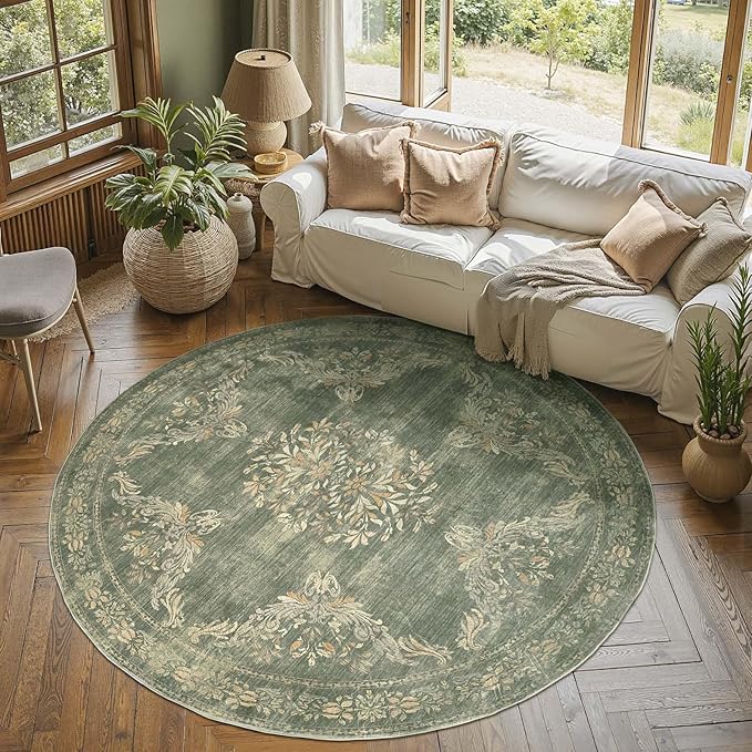 jinchan Round Rug 6ft Area Rugs Vintage Floral Distressed Design,Machine Washable Soft Non-Slip Low-Pile Ultra-Thin Circle Rug for Bedside Living Room Dining Room Bedroom (6' Round, Dark Green)