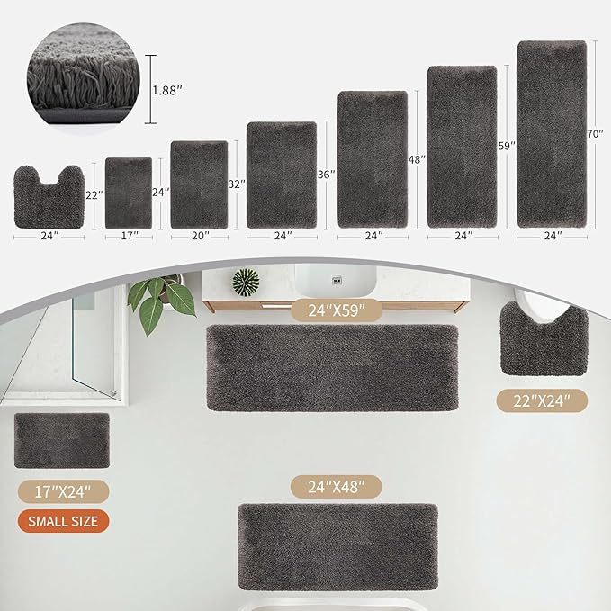 Bathroom Rugs 24x48 Non Slip Dark Grey Fluffy Bath Mat for Bathroom Floor Washable Plush Luxury Bath Rug for Tub Soft Shaggy Absorbent Shower Sink Mat