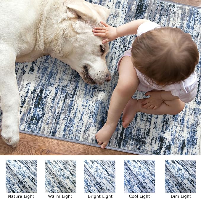 Modern Abstract Runner Rug 3x8, Grey Blue White, Washable Kitchen Runner Non-Slip Soft Hallway Rug Thin Print Faux Wool Carpet for Entryway Bedroom Laundry Room Indoor Home Office Decor
