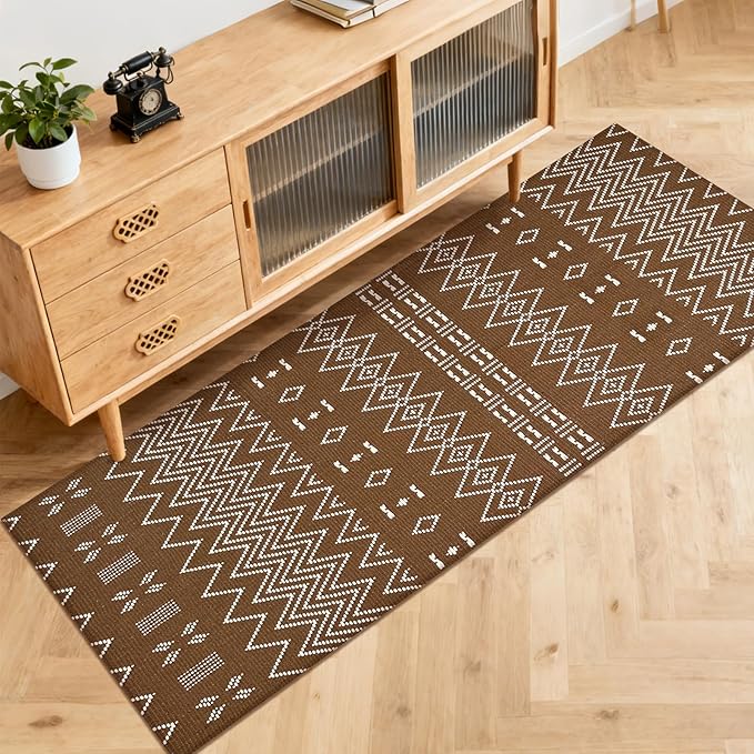 Boho Runner Rug for Kitchen 2x6 ft Washable Braided Rug,Non Slip Rubber Backed Faux Jute Rug,Cotton Entryway Runner Rugs Floor Carpet for Indoor Backdoor Bedroom,Brown/White