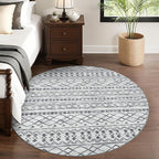 KUTA Boho Round Area Rugs 6Ft Grey Moroccan Circle Washable Rug Non-Slip, Soft Distressed Geometric Low-Pile Throw Carpet for Living Room Bedroom Nursery Dorm Decor