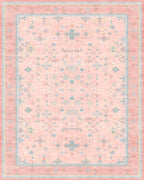 Washable Pink and Blue 9x12 Oushak Rugs for Living Room Rug Bedroom Girls, Modern Floral Aethestic Distressed Design, Soft Faux Wool Low Pile Non Slip Stain Resistance Carpet