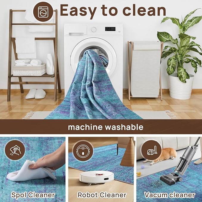 Abstract 4x6 Area Rug, Modern Indoor Entryway Rugs, Washable Soft Non-Slip Accent Carpet Door Mat for Dining Room Kitchen Bedroom - Teal+Purple