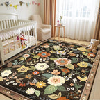 Floral 5x7 Area Rug Machine Washable Soft Print Boho Carpet Non Slip Doormat Low Pile Flower Area Rugs for Living Room Bedroom Nursery Kitchen Dining Room Indoor-Black/Yellow/Red