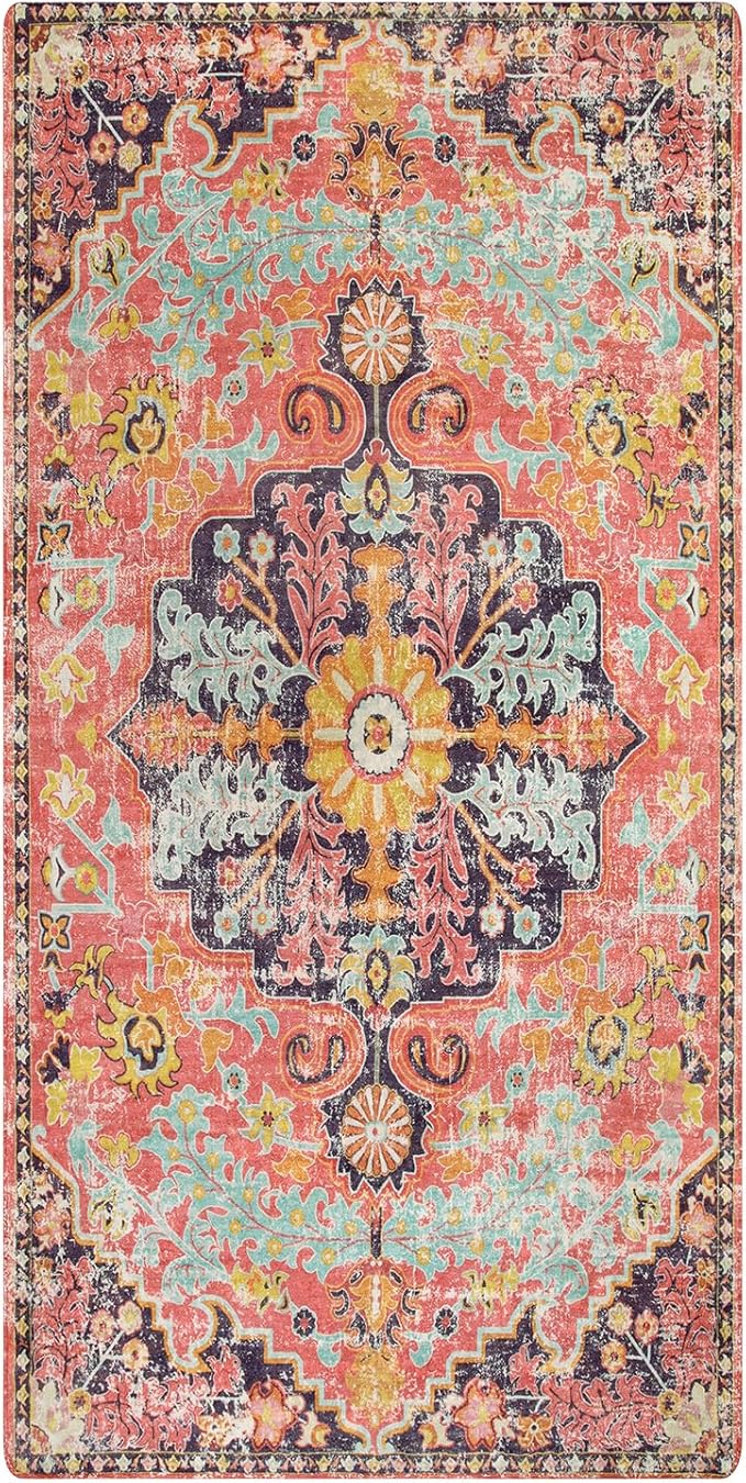 Lahome Bohemian Floral Medallion Runner Rug - 2x4 Hot Pink Bathroom Rug Runner, Machine Washable Non-Slip Hallway Mat Indoor Laundry Accent Carpet Runners for Kitchen Living Bedroom RV, Fuchsia/Multi