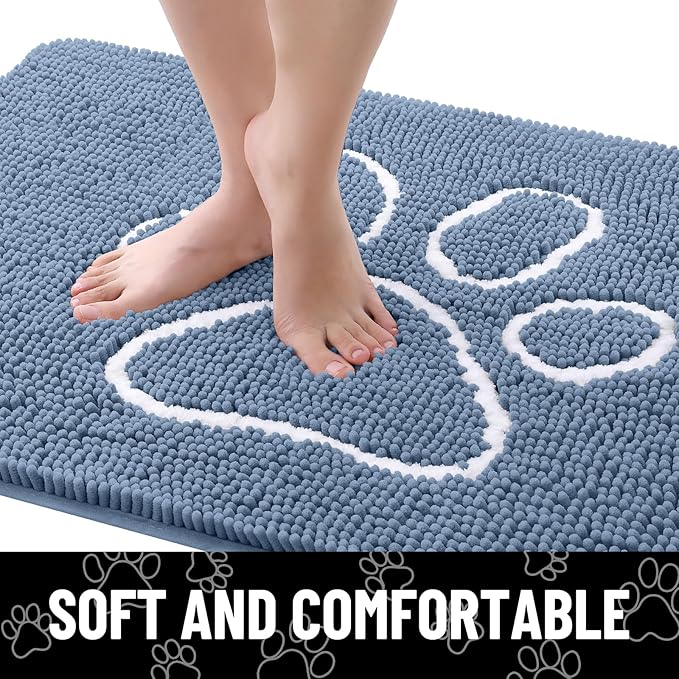 Smiry Dog Door Mat for Muddy Paws, Absorbent Dirt Trapper Non Slip Quick Dry Washable Chenille Mat for Mud Dogs, Entry Rug for Indoor and Outdoor (48x30 Inches, Airy Blue and White)