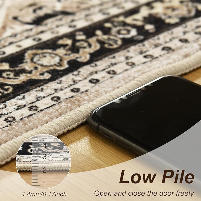 XWZO Runner Rug 2x6ft, Washable Hallway Runner with Non-Slip Backing, Vintage Spill Stain Resistant Floor Mat for Entryway Corridor Bedroom Kitchen, Soft Low-Pile Area Carpet, Brown Beige