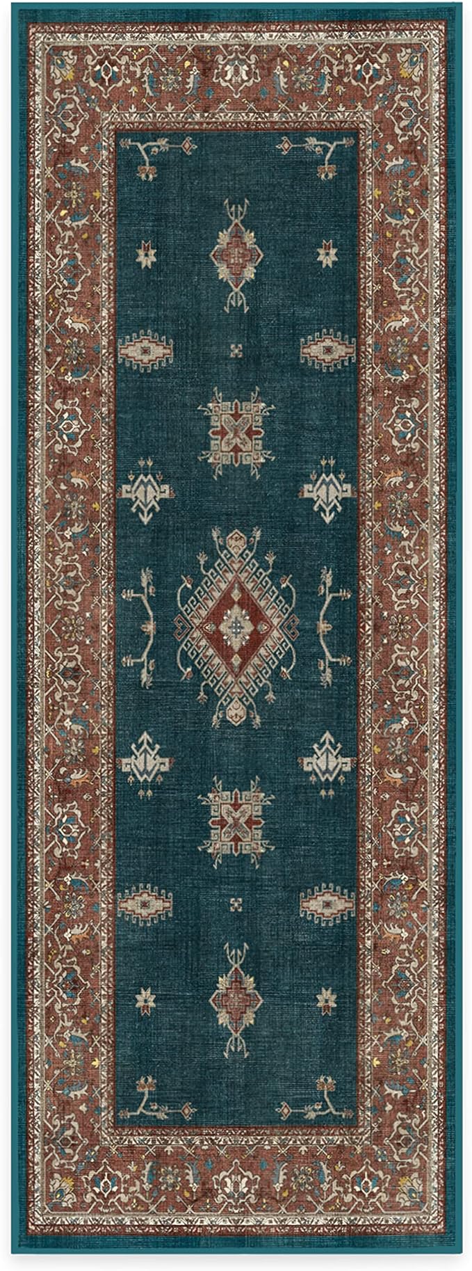 RUGGABLE Washable Vintage Runner Rug – Verena Teal Blue 2.5x7, Stain-Resistant, Non-Slip Hallway Runner – Machine Washable Rug for Hallway, Entryway, Living Room & Kitchen–with Cushioned Pad