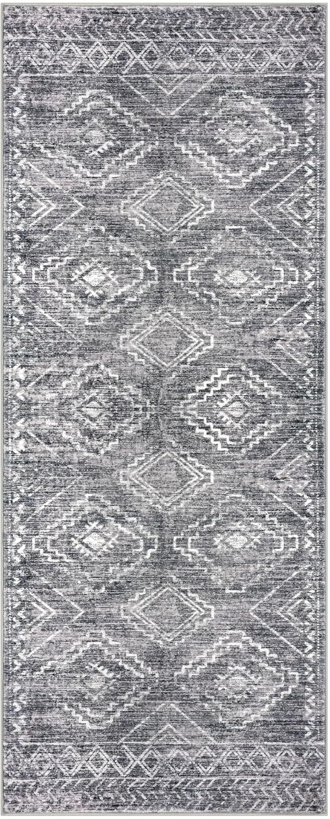 KILOCOCO Boho Kitchen Runner Rug 2x5 Washable Runner Rug Soft Runners for Hallways Non Slip Printed Distressed Laundry Room Rugs, Low-Pile Runners for Entryway Bedroom Living Room, Grey