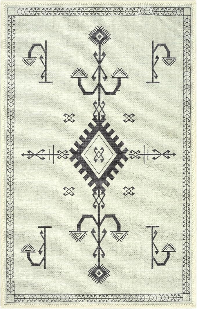 GLN Rugs Contemporary Collection - Machine Washable Area Rug, Contemporary Washable, Non Slip, Low Pile Chenille Rug, Living Room, Bedroom, Kitchen Rug (3' x 5' Cream/Anthracite)