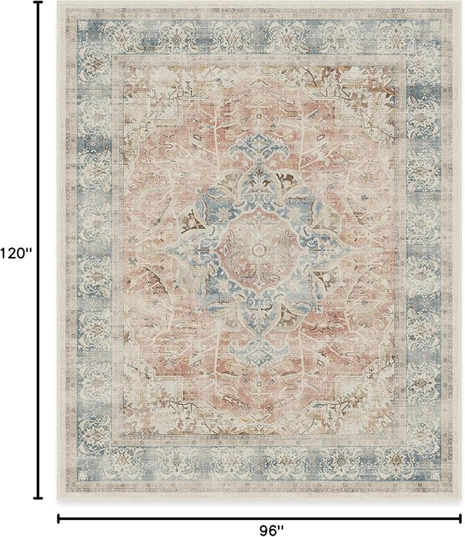 RUGGABLE Washable Vintage Area Rug – Sarrah Coral 8x10, Stain-Resistant, Non-Slip – Large Machine Washable Rugs for Living Room, Bedroom, Hallway, Entryway & Office–with Cushioned Pad