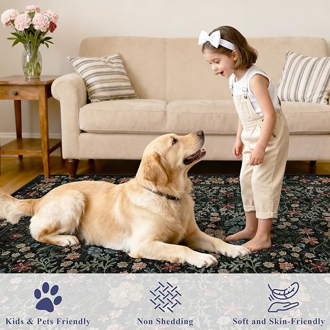 DUKINO 2.6x8 Runner Rug for Hallway, Washable Vintage Floral Kitchen Rug with Non Slip Backing, Soft Low Pile Throw Carpet Runner for Kitchen, Laundry, Hallway, Bathroom, Dark Blue