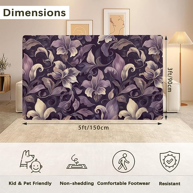 Purple Luxury Floral Texture Rug for Living Room 3x5, Low Pile Non-Slip Backing, Machine Washable Easy Fold Rug for Home, Office, Dorm Room