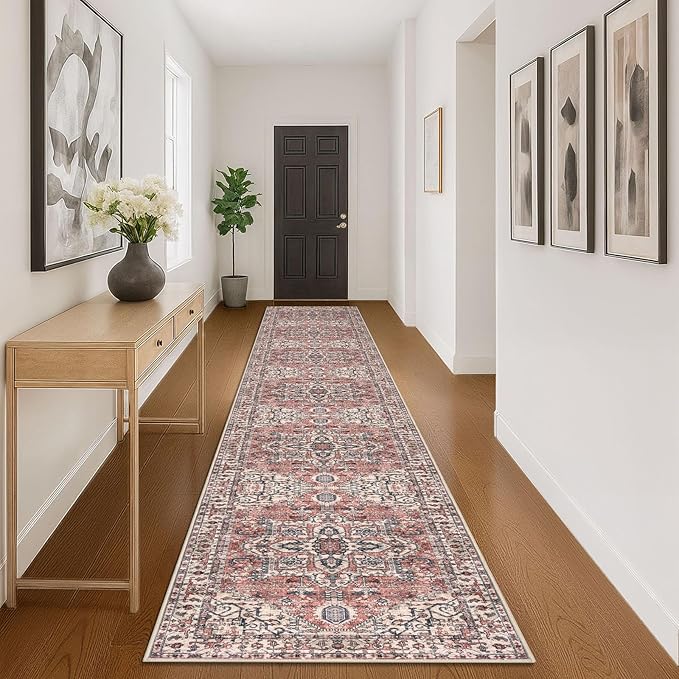 KOZYFLY Runners for Hallways 3x16 Ft Extra Long Washable Faux Wool Thin Hallway Rug Printed Carpet for Entryway Bedroom Staircase Kitchen Laundry Room Floor Decor, Terracotta/Beige