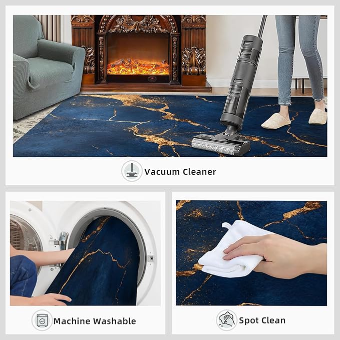 3x6 Abstract Marble Bedroom Rug Under Bed - Dark-Blue-Marble Kids Room Rugs, Luxury Stone Pattern Bedroom Runner Rug Soft Washable for Living Room Kitchen