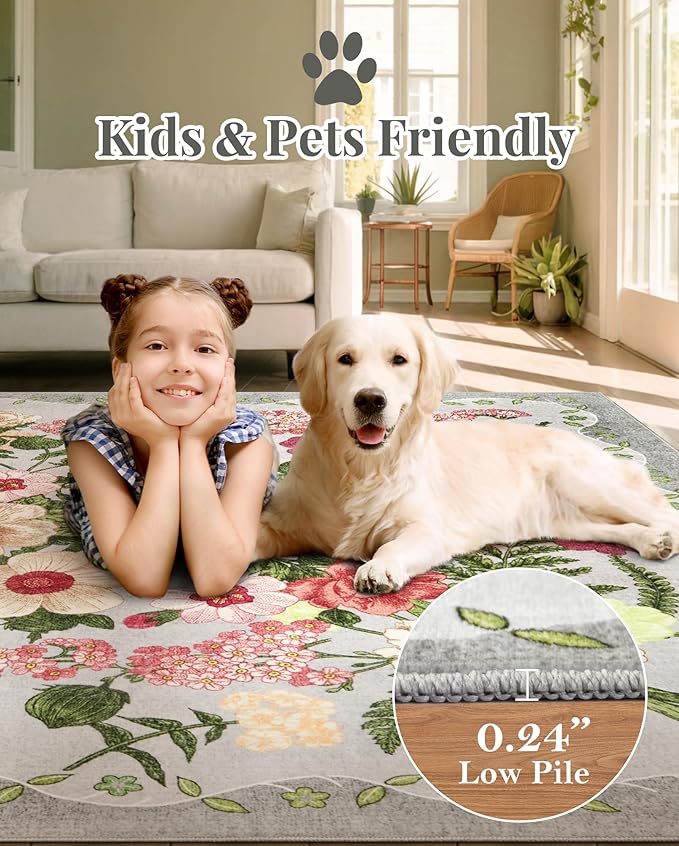 Door Mat Indoor Entrance 2x3 - Floral Rug Washable Small Area Rug Non-Slip Low Pile Rugs for Entryway, Kitchen, Bedroom, Entry - Grey